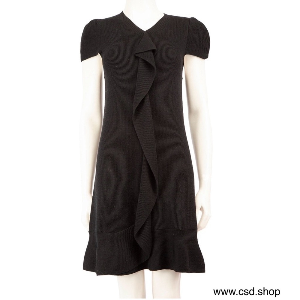 RED Valentino V-Neck Ruffle Front 100% Wool Sweater Dress Black Sz XS